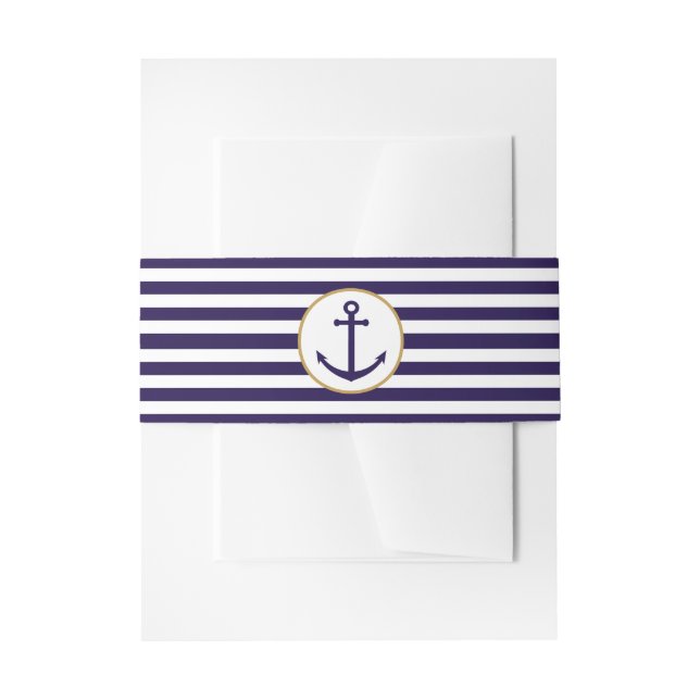 Nautical Navy & White Stripe Anchor Wedding Invitation Belly Band (Front Example)
