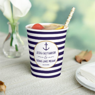 Nautical Navy & White Stripe Anchor Wedding Paper Cups