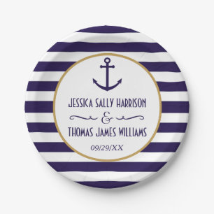 Nautical Navy & White Stripe Anchor Wedding Paper Plate