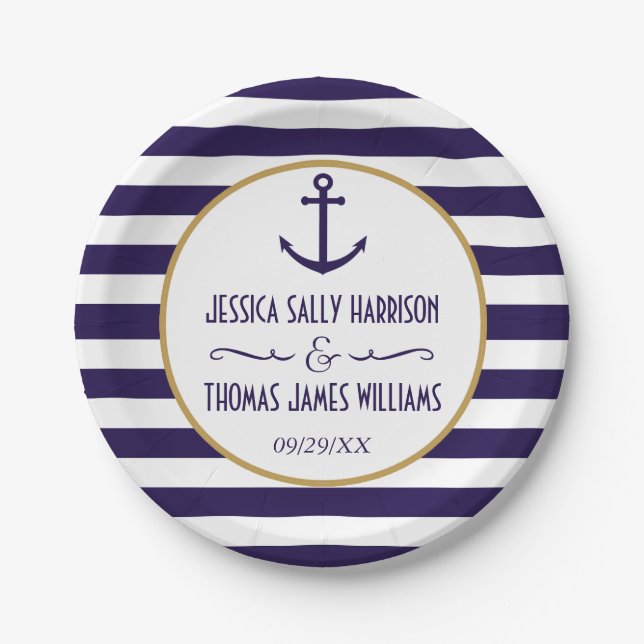 Nautical Navy & White Stripe Anchor Wedding Paper Plate (Front)