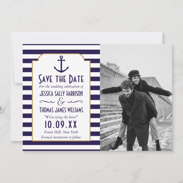 Nautical Navy & White Stripe Anchor Wedding Photo Save The Date (Front)