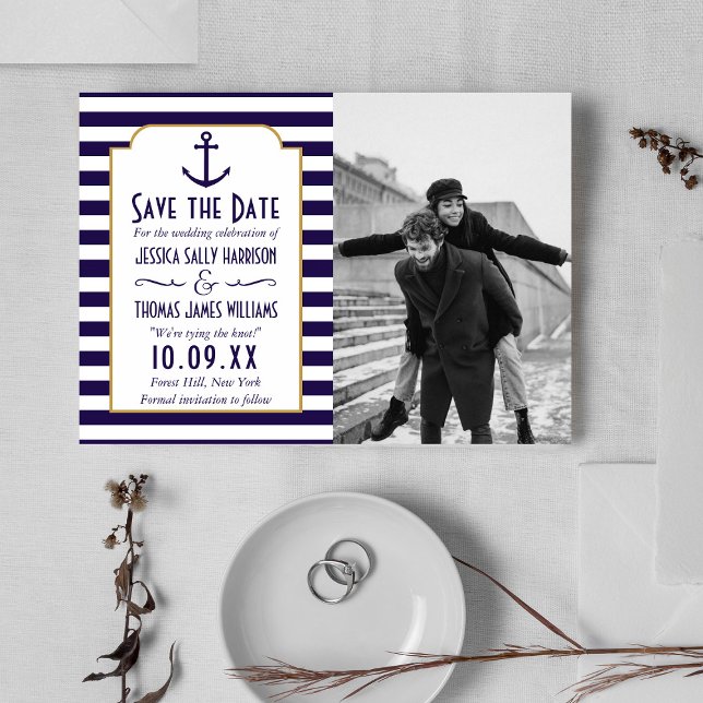 Nautical Navy & White Stripe Anchor Wedding Photo Save The Date (Creator Uploaded)