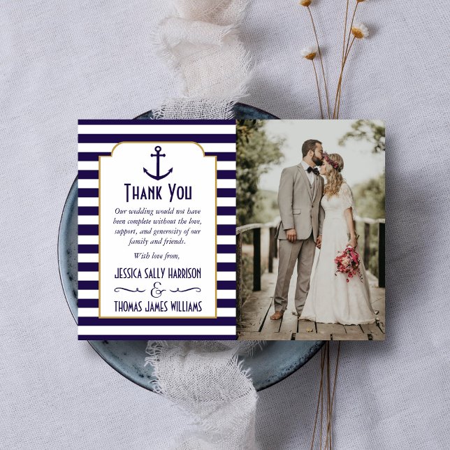Nautical Navy & White Stripe Anchor Wedding Photo Thank You Card (Creator Uploaded)