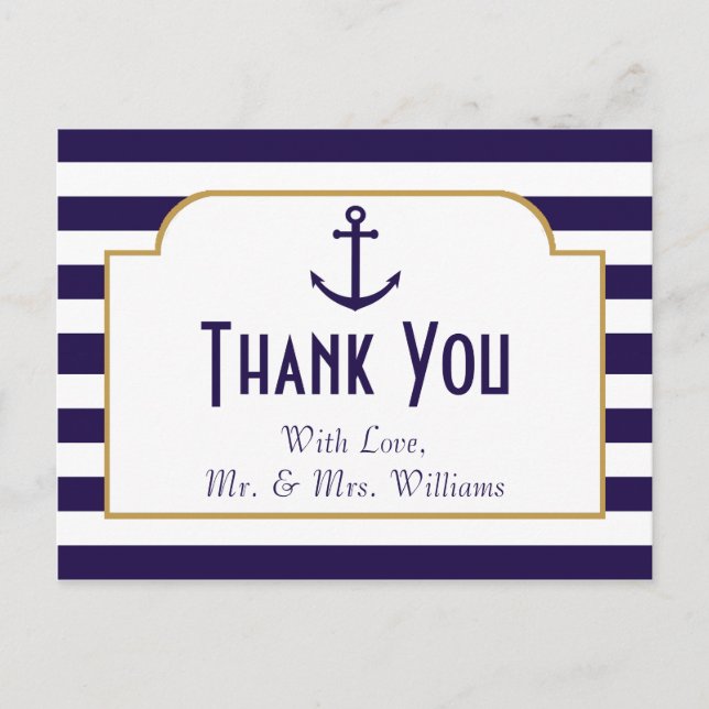 Nautical Navy & White Stripe Anchor Wedding Postcard (Front)