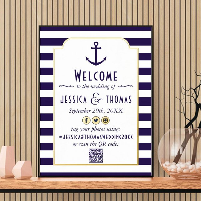 Nautical Navy & White Stripe Anchor Wedding Real Foil Prints (Creator Uploaded)