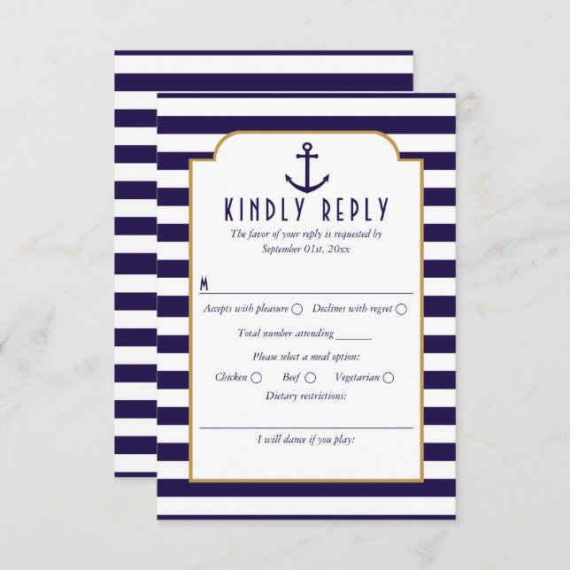 Nautical Navy & White Stripe Anchor Wedding RSVP (Front/Back)