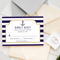 Nautical Navy & White Stripe Anchor Wedding RSVP