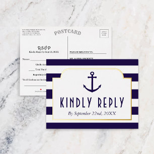 Nautical Navy & White Stripe Anchor Wedding RSVP Foil Invitation Postcard
