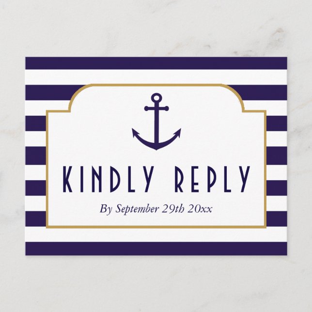 Nautical Navy & White Stripe Anchor Wedding RSVP Invitation Postcard (Front)