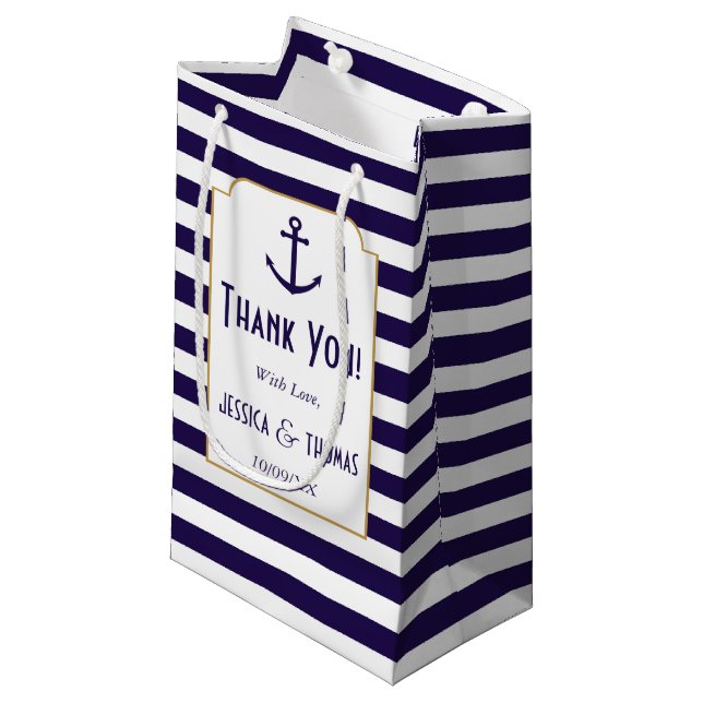 Nautical Navy & White Stripe Anchor Wedding Small Gift Bag (Front Angled)