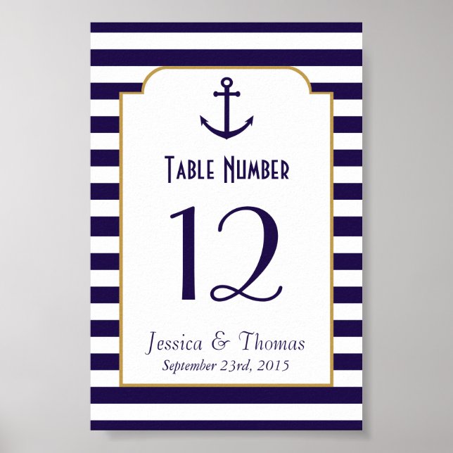 Nautical Navy & White Stripe Anchor Wedding Table Poster (Front)