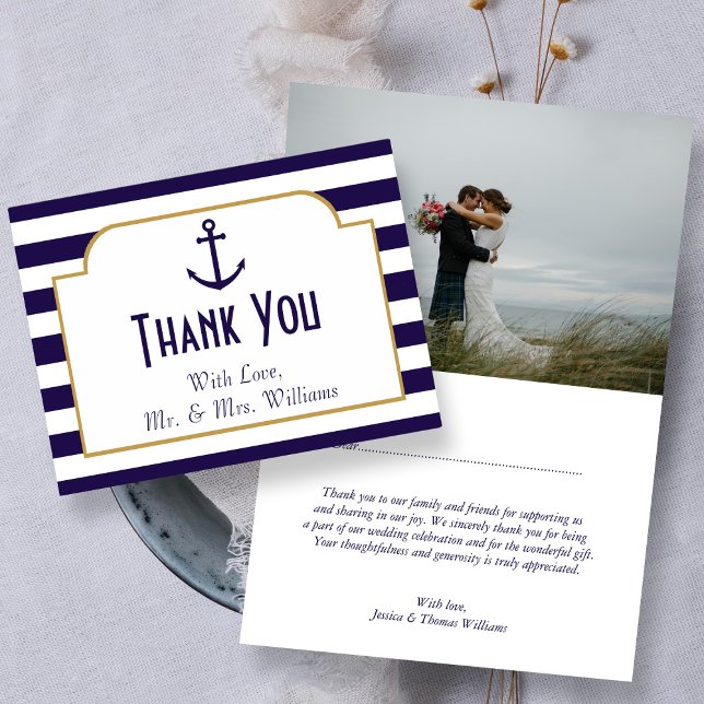 Nautical Navy & White Stripe Anchor Wedding Thank You Card (Creator Uploaded)