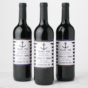 Nautical Navy & White Stripe Anchor Wedding Wine Label