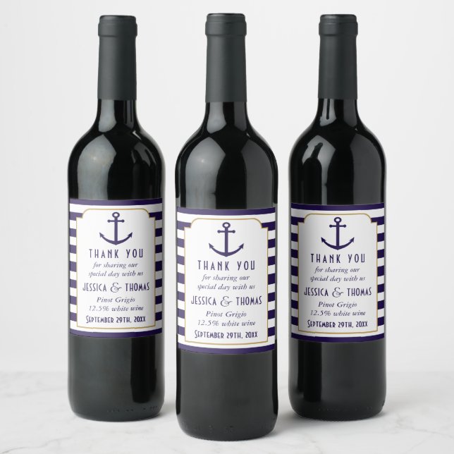 Nautical Navy & White Stripe Anchor Wedding Wine Label (Bottles)
