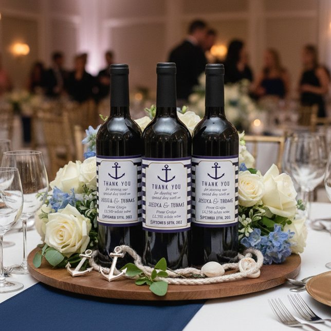 Nautical Navy & White Stripe Anchor Wedding Wine Label (Creator Uploaded)