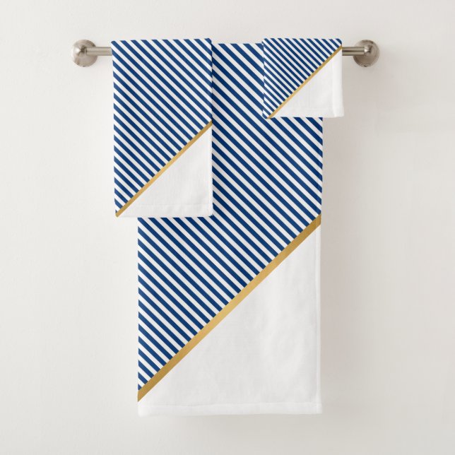NAUTICAL NAVY WHITE STRIPE GOLD BATH TOWEL SET (Insitu)