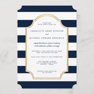 Nautical Navy White Stripe Modern Wedding Invitation