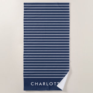 Nautical Navy White Stripe Monogram Beach Towel