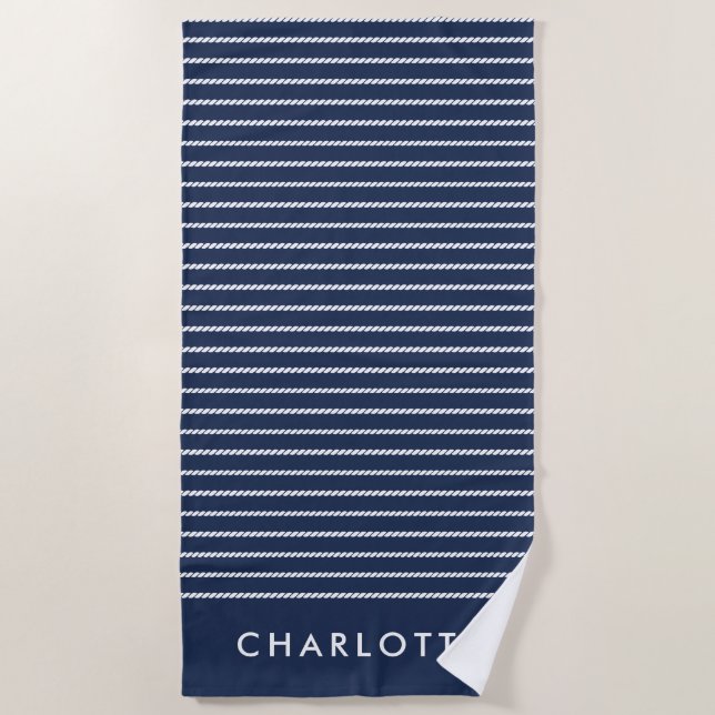Nautical Navy White Stripe Monogram Beach Towel (Front)