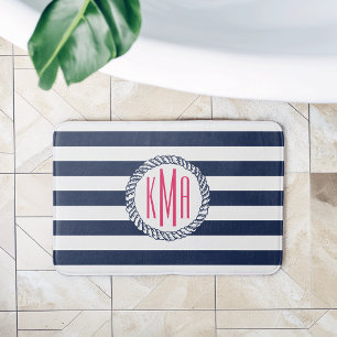 Nautical Navy & White Stripe w/ Pink Monogram Bath Mat