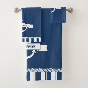 Nautical Navy White Stripes Anchor Name Bath Towel Set