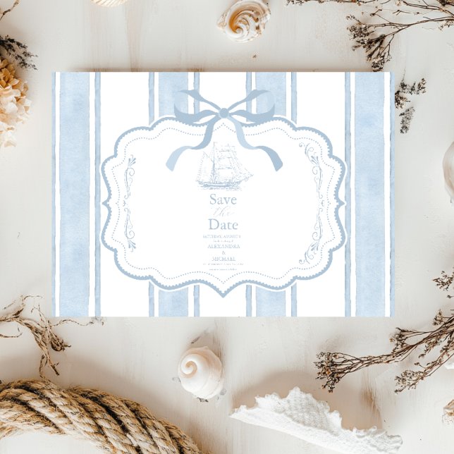 Nautical Navy White Stripes Boat Wedding Save The Date (Creator Uploaded)