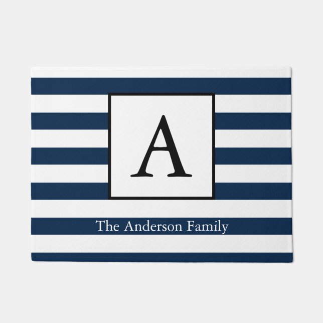 Nautical Navy White Stripes & Family Name Doormat (Front)