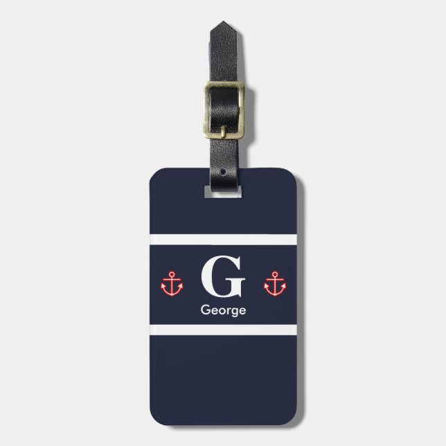 Nautical Navy White Stripes Monogram Luggage Tag (Front Vertical)