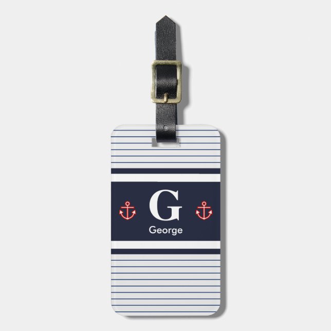 Nautical Navy White Stripes Monogram Luggage Tag (Front Vertical)