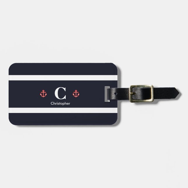 Nautical Navy White Stripes Monogram Luggage Tag (Front Horizontal)
