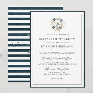 Nautical Navy & White Wedding Anchored in Love Invitation