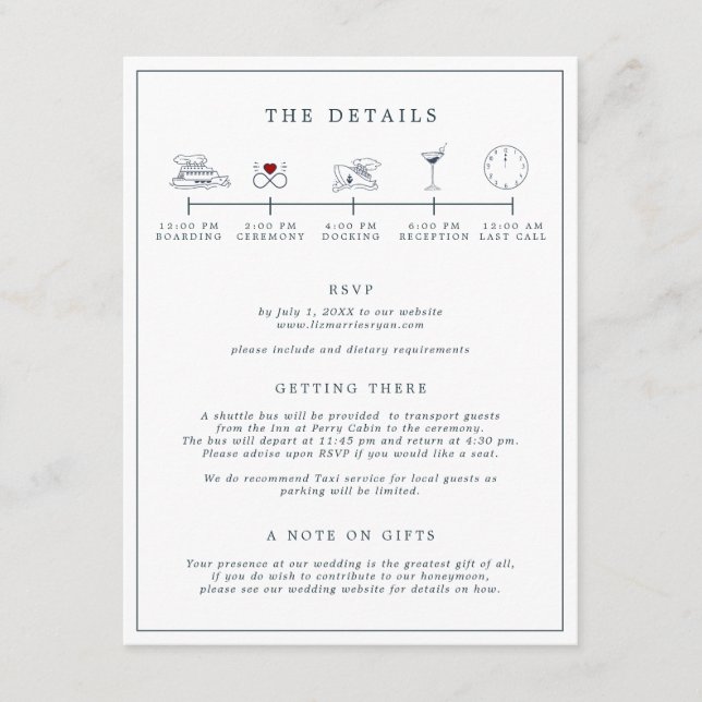Nautical Navy & White Wedding Itinerary Card (Front)
