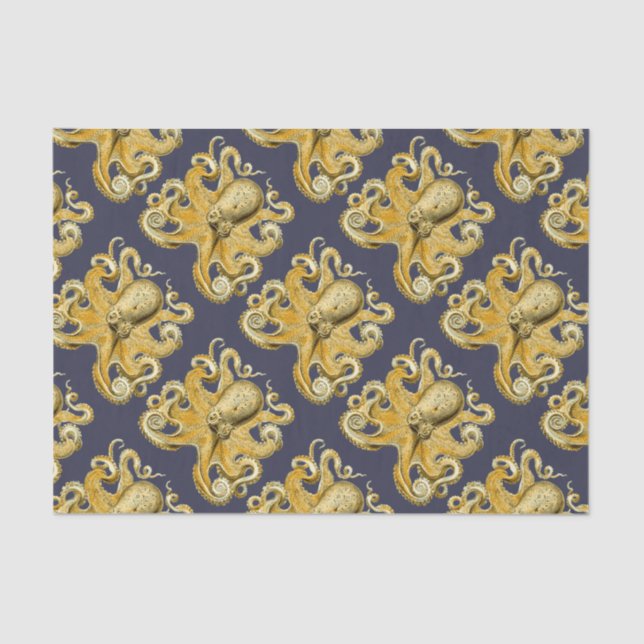 Nautical Navy & Yellow Vintage Octopus Tissue Paper (Front)