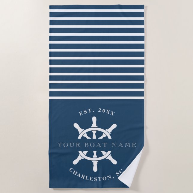 Nautical Navy Your Boat Name Stripes Beach Towel (Front)