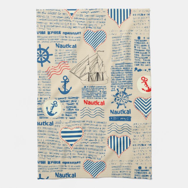 Nautical Newspaper Pattern Tea Towel (Vertical)