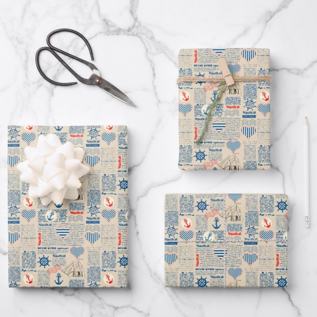 Nautical Newspaper Pattern Wrapping Paper Sheet (Front)