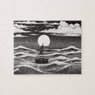 Nautical Night Moonlit Voyage on Water Jigsaw Puzzle