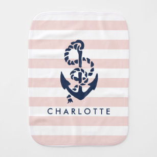 Nautical Nursery Pink Stripe Anchor Personalised Burp Cloth