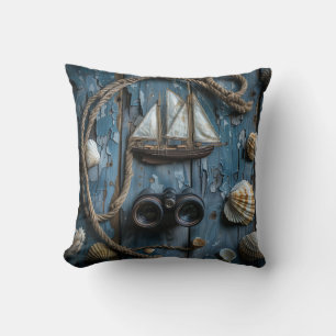 Nautical objects on a wooden background cushion