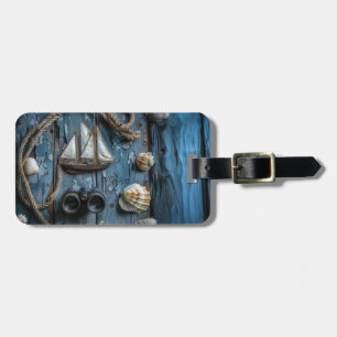 Nautical objects on a wooden background luggage tag