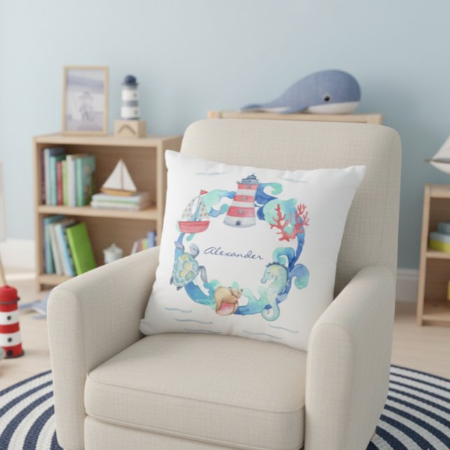 Nautical Ocean Animals Boat and Lighthouse Cushion (Creator Uploaded)