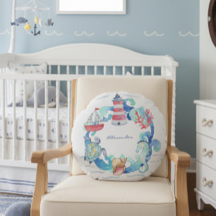 Nautical Ocean Animals Boat and Lighthouse Round Cushion