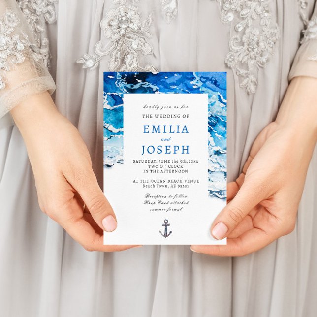 Nautical Ocean Beach blue modern elegant Wedding Invitation (Creator Uploaded)