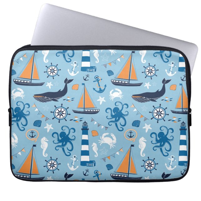 Nautical Ocean Blue and Orange Laptop Sleeve (Front)