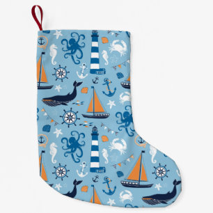 Nautical Ocean Blue and Orange Small Christmas Stocking
