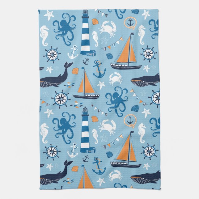 Nautical Ocean Blue and Orange Tea Towel (Vertical)
