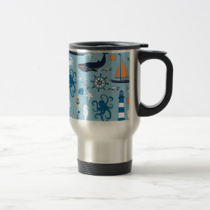 Nautical Ocean Blue and Orange Travel Mug