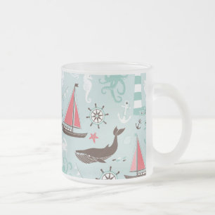 Nautical Ocean Blue and Rose Frosted Glass Coffee Mug