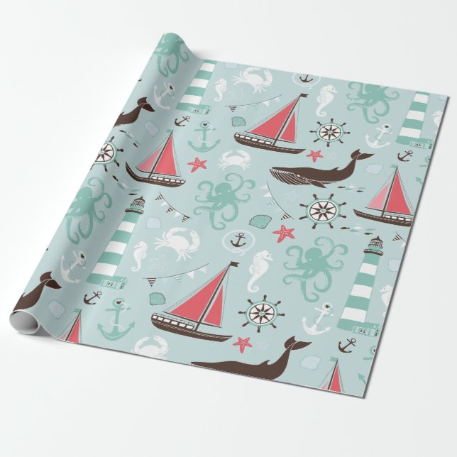 Nautical Ocean Blue and Rose Wrapping Paper (Unrolled)