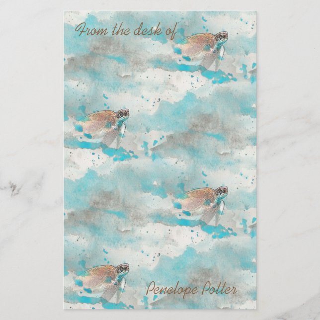 Nautical Ocean Blue Flying Sea Turtle Stationery (Front)